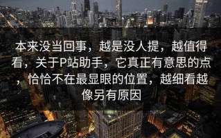 本来没当回事，越是没人提，越值得看，关于P站助手，它真正有意思的点，恰恰不在最显眼的位置，越细看越像另有原因